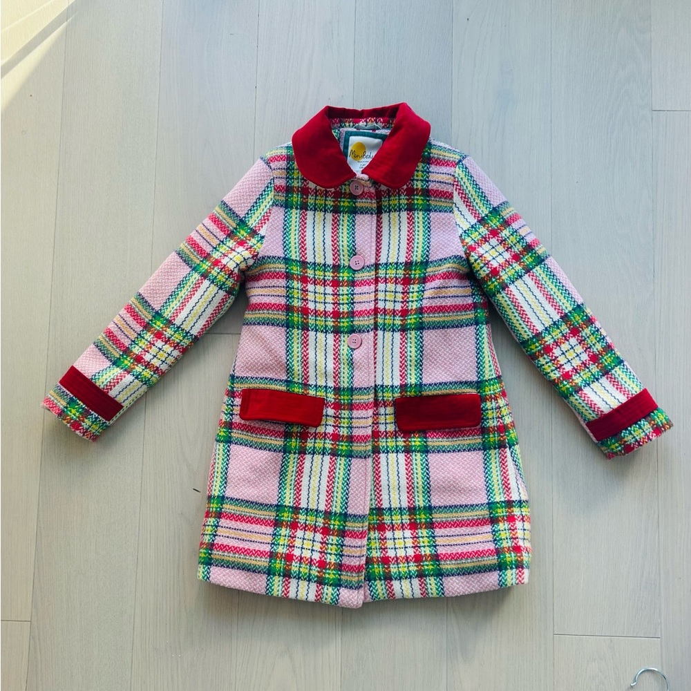 PERFECT CONDITION -Mini Boden Pink Plaid Pea Coat with Red and Green Accents